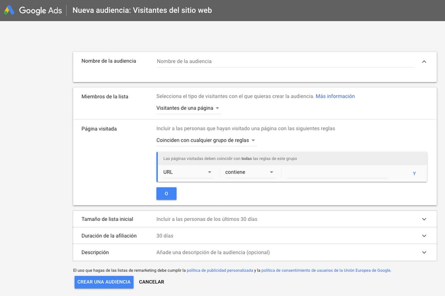 Google Ads Crear audiencia visitas web