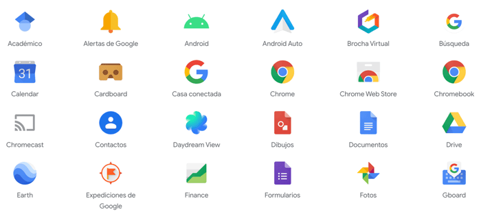 1) Búsqueda.
2) Maps.
3) Traductor.
4) Chrome.
5) Google Earth.
6) Google Vuelos.
7) Asistente de Google.
8) Finance.