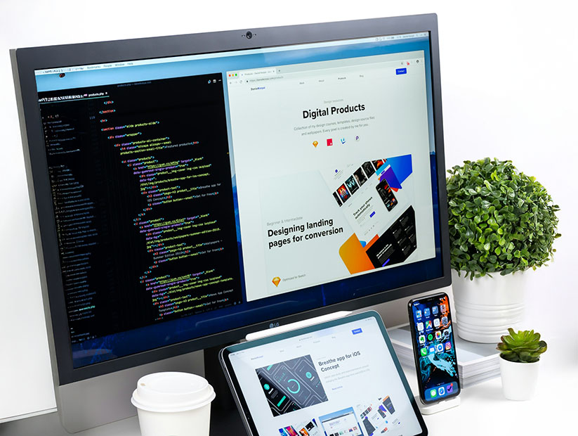 Una pantalla de ordenador con código en un lado y una landing page en el otro