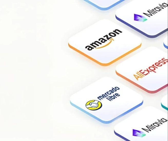 Iconos de mercados sobre fondo blanco, como Amazon, Miravia, Mercado Libre y Ali Express.